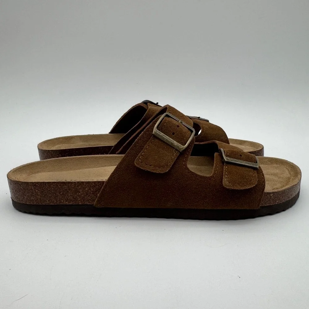 Khombu Asheville Brown Suede Double Buckle Slide Sandals Women's Size 9